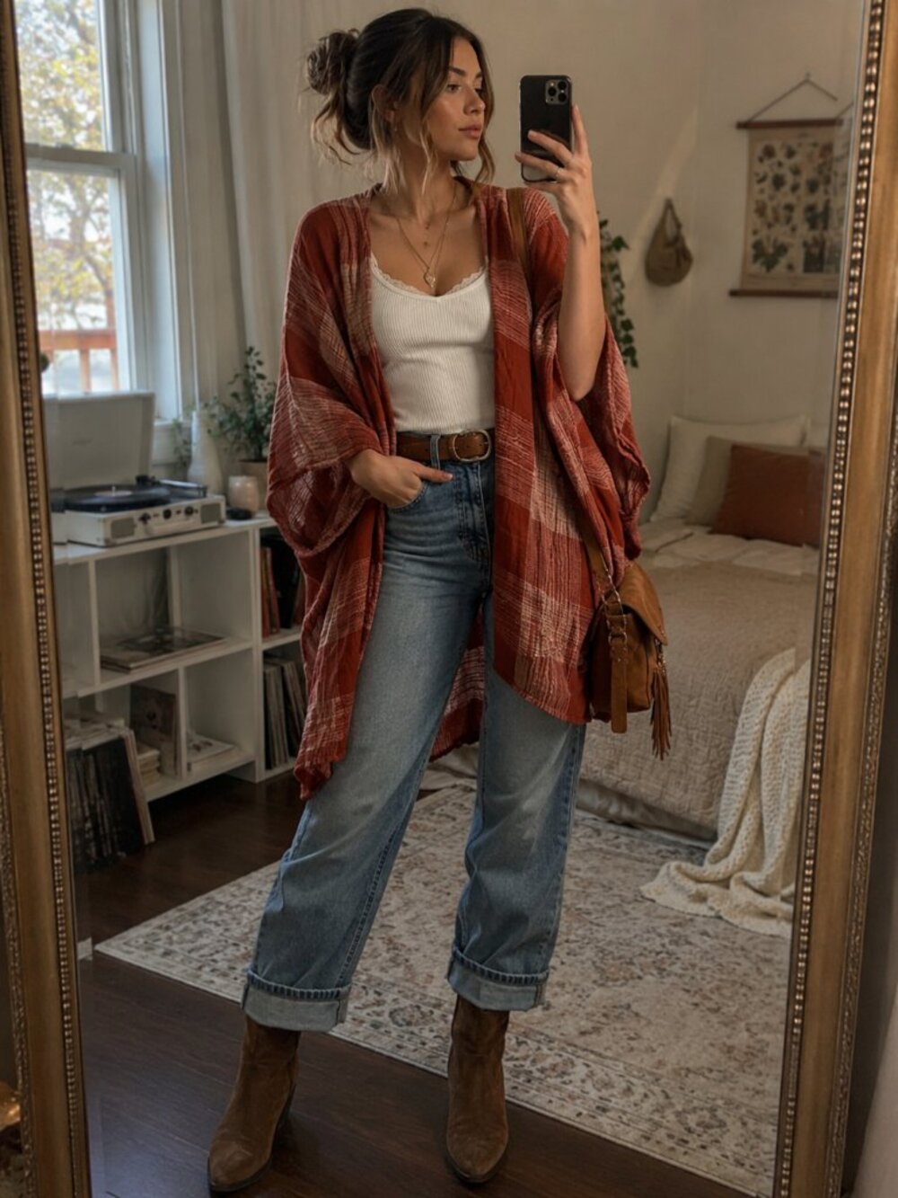 Boho Plaid Kimono Cardigan Cotton Gauze Layering Top Rust Earthy Festival Layer